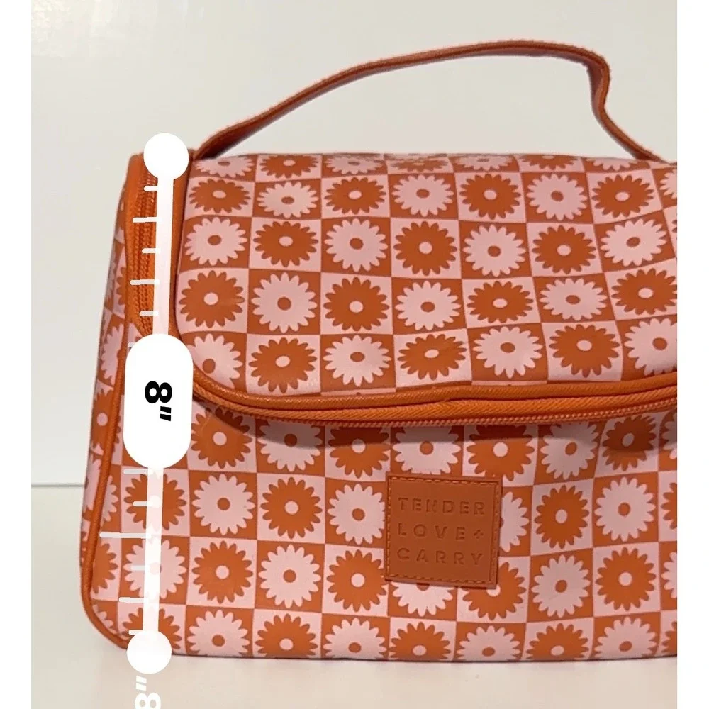 Tender Love + Carry Cosmetic Bag Orange Pink Checkered Daisy Floral Travel Case